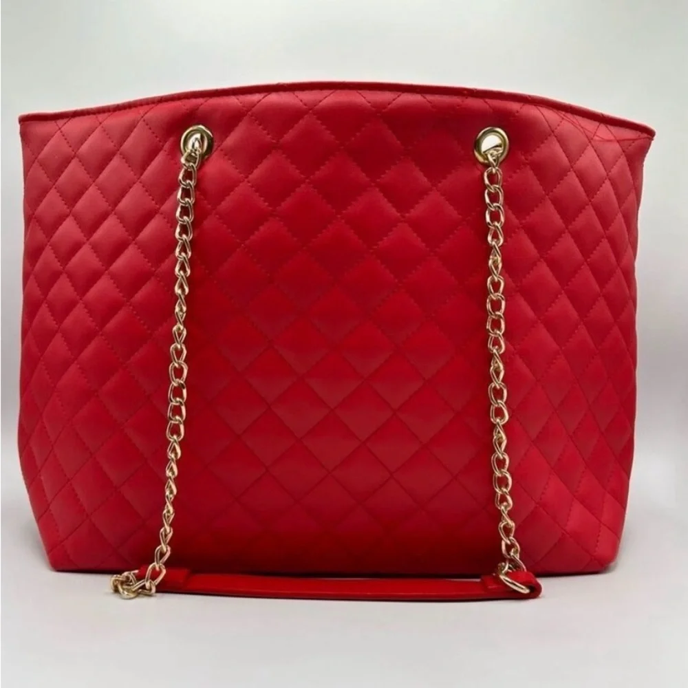 Badgley Mischka Red Quilted Tote Bag with Gold Chain